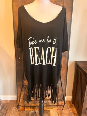 Women’s Black Open Shoulder Fringed Tee - 'Take Me to the Beach'